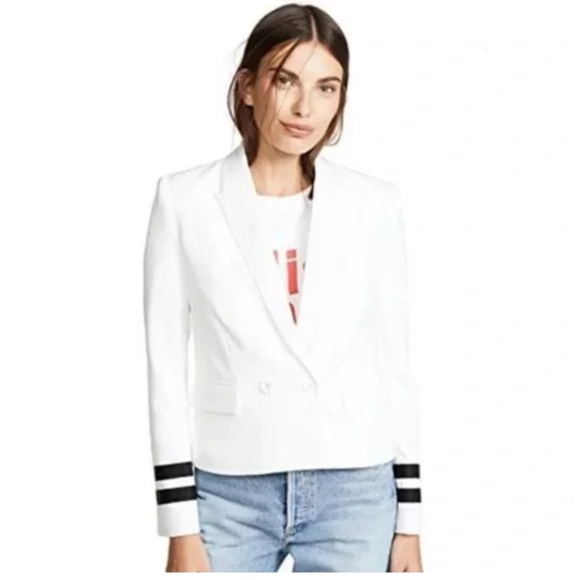 L’AGENCE Marine White Nautical Cropped Blazer Jacket with Striped Sleeves US2 - Picture 2 of 14